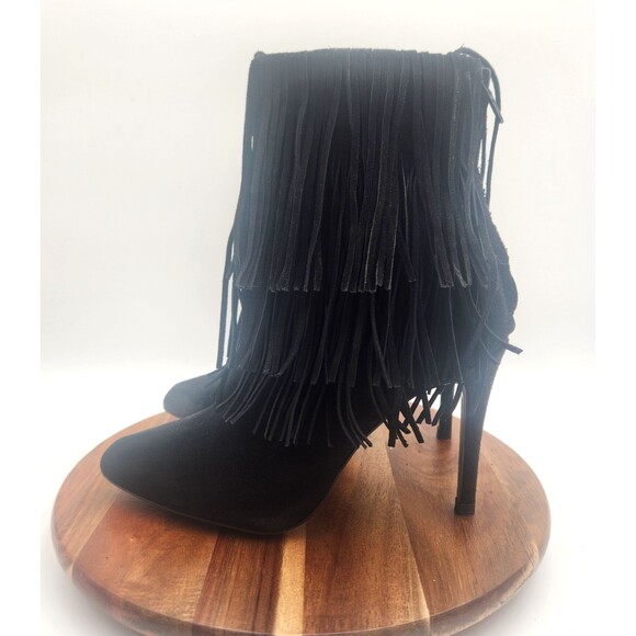 Zara Fringe Ankle Booties Women's 8.5M Black Suede Back Zip 4‎ Inch Heel Western - Picture 3 of 13